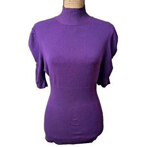 Bebe Women Purple Ribbed Mock Neck Puff Sleeve Sweater Knit Top Sweater Sz Large